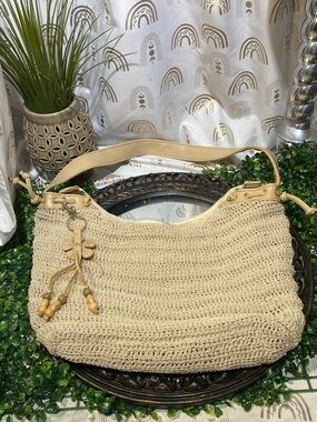 Beige Woven Shoulder Bag with Tassel Accent